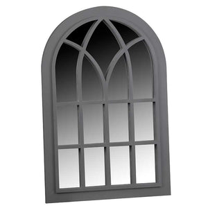 Slate grey arched garden mirror with Gothic window pane design featuring 12 rectangular panes and decorative top sections, ideal for outdoor home and garden decor