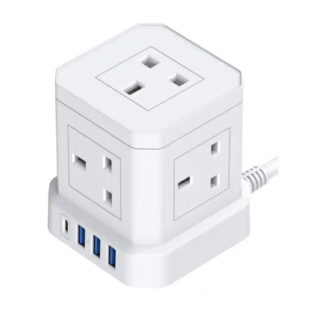 White cube-shaped power tower with multiple UK power sockets on sides and top, USB and Type-C ports on base, attached white power cable