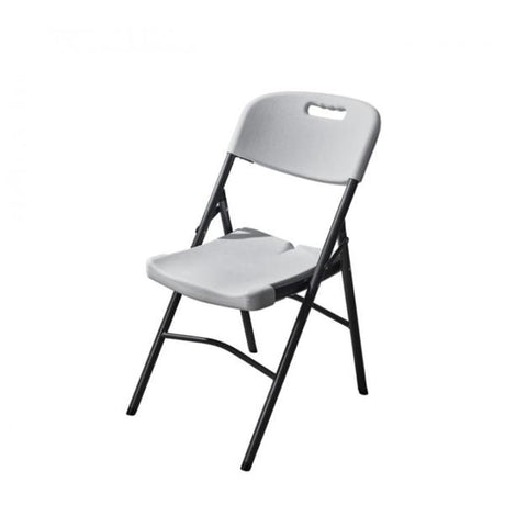 White blow moulded folding chair with black metal frame, featuring carrying handle on backrest, shown from front angle against white background