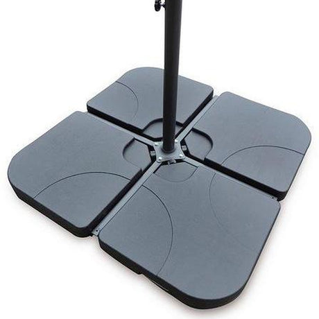 Euroactive fillable cantilever parasol base with four grey plastic pieces and black metal central pole, designed for outdoor umbrella stability