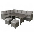 Euroactive Parma grey rattan corner dining garden furniture set with L-shaped sofa, dining table and two footstools with grey cushions