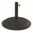 Black heavy-duty garden parasol base with 15kg weight capacity, featuring a round weighted base and central pole with adjustment knob for umbrella insertion
