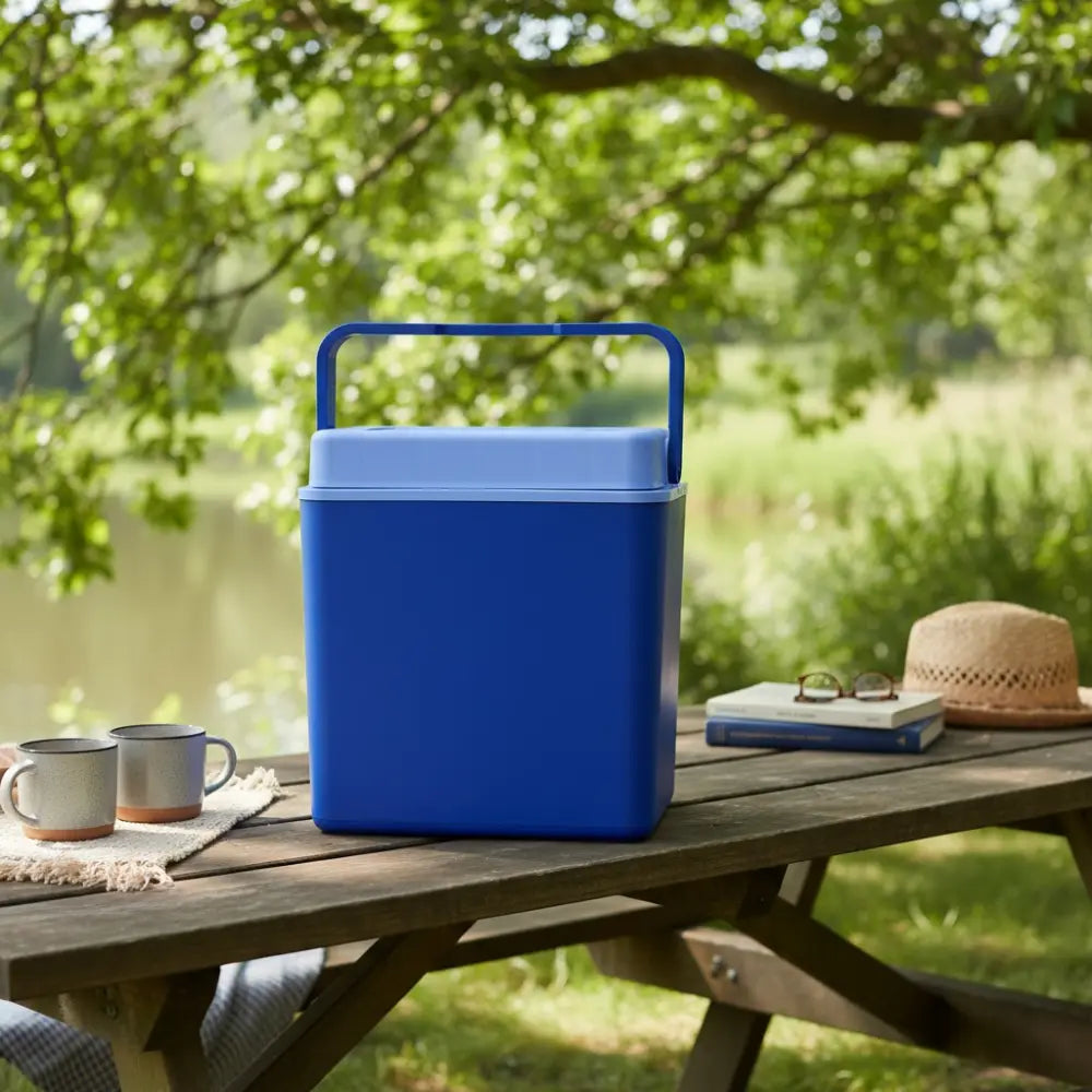 Blue 24 litre passive coolbox cooler with carrying handle and detachable lid displayed on wooden picnic table with enamel mugs, straw hat and book in garden setting with green foliage background