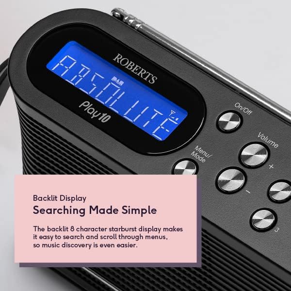 Roberts PLAY10 portable DAB FM digital radio in black with blue backlit display showing starburst pattern, featuring control buttons and volume dial on right side