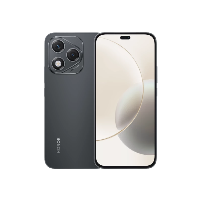 Honor Magic 6 Lite 5G smartphone in Velvet Black showing rear triple camera setup and front display with centered punch-hole notch, displaying beige abstract wallpaper