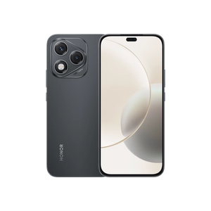 Honor Magic 6 Lite 5G smartphone in Velvet Black showing rear triple camera setup and front display with centered punch-hole notch, displaying beige abstract wallpaper