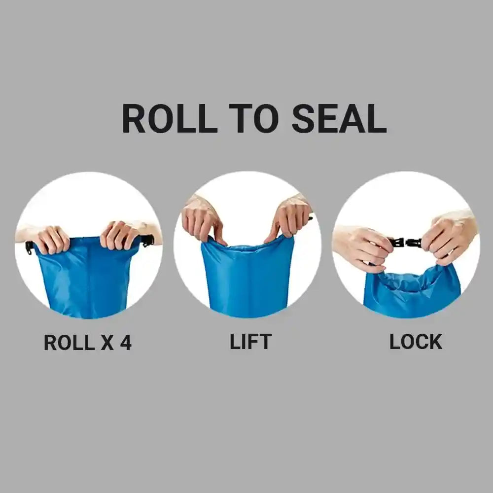 Instructions for sealing a blue Go Travel wet or dry bag showing three steps: rolling the bag four times, lifting to create tension, and locking the seal closure with hands demonstrated on gray background