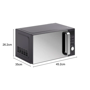 Morphy Richards Cassini Digital Microwave 20 Litre 700W in black and stainless steel with dimensions 45.2cm width x 35cm depth x 26.2cm height, featuring digital controls and a large front handle on a white background