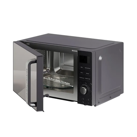 Morphy Richards Cassini Digital Microwave 20 litre 700W in moonless night black with open door showing 24.5cm glass turntable, digital control panel and power dial on right side