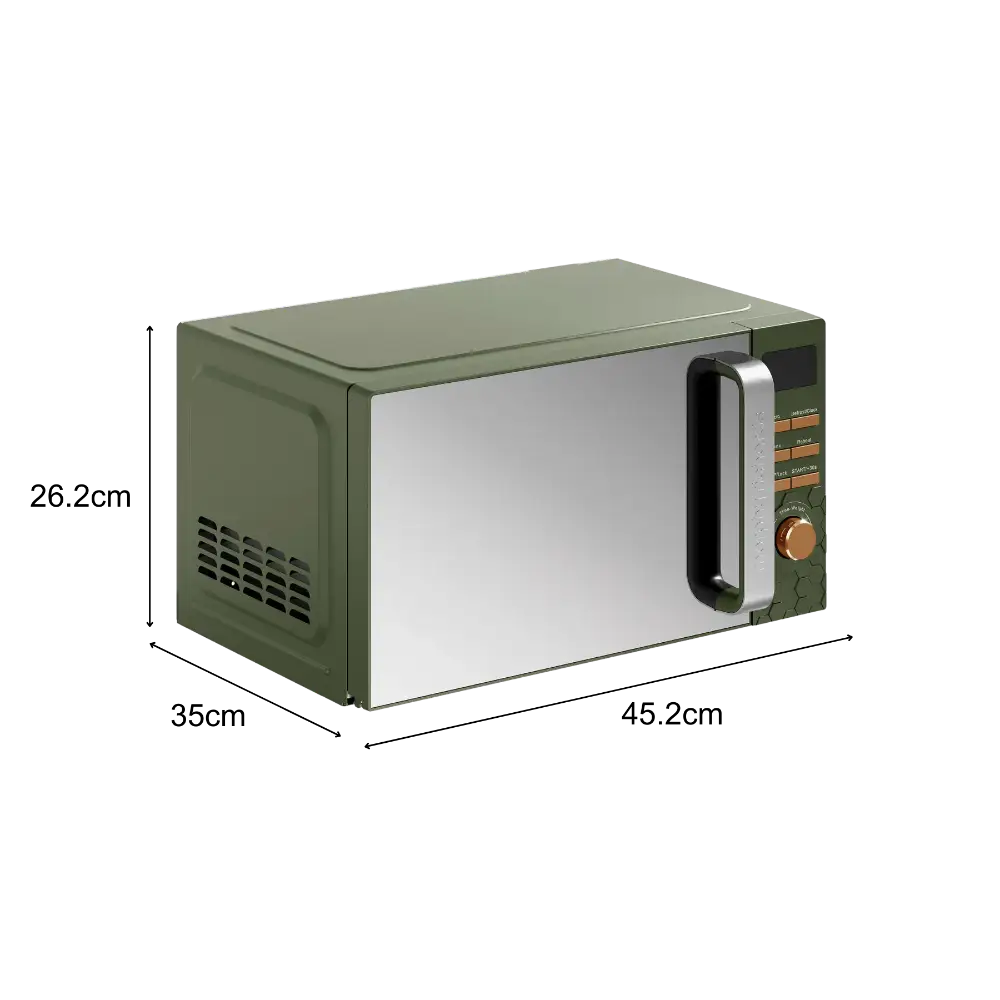 Morphy Richards Cassini Digital Microwave 20 litre 700w in olive green with stainless steel front, featuring dimensions 45.2cm wide x 35cm deep x 26.2cm high, control panel with digital display and brown knob on right side
