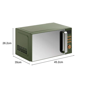 Morphy Richards Cassini Digital Microwave 20 litre 700w in olive green with stainless steel front, featuring dimensions 45.2cm wide x 35cm deep x 26.2cm high, control panel with digital display and brown knob on right side