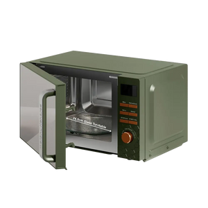 Morphy Richards Cassini Digital Microwave in olive green with open door showing 24.5cm glass turntable, digital display panel, and control buttons on right side