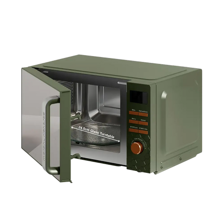 Morphy Richards Cassini Digital Microwave in olive green with open door showing 24.5cm glass turntable, digital display panel, and control buttons on right side