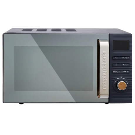 Morphy Richards Clay 20 litre 800w microwave oven in grey flint with stainless steel handle, digital display, control buttons and wooden knob dial on right side panel