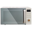 Morphy Richards Clay 20 litre microwave oven in cream white with grey glass door, digital display, control buttons and wooden accent dial on right side