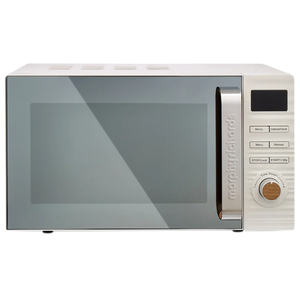 Morphy Richards Clay 20 litre microwave oven in cream white with grey glass door, digital display, control buttons and wooden accent dial on right side