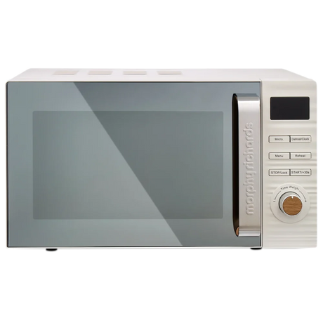 Morphy Richards Clay 20 litre microwave oven in cream white with grey glass door, digital display, control buttons and wooden accent dial on right side