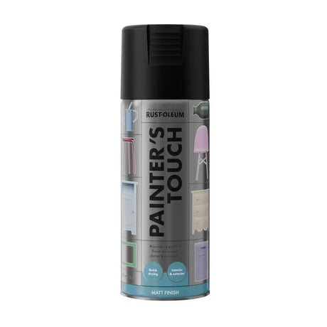 A can of Rust-Oleum Painter's Touch spray paint in a matte finish, featuring a black cap and a gray label with multicolor paint swatches.