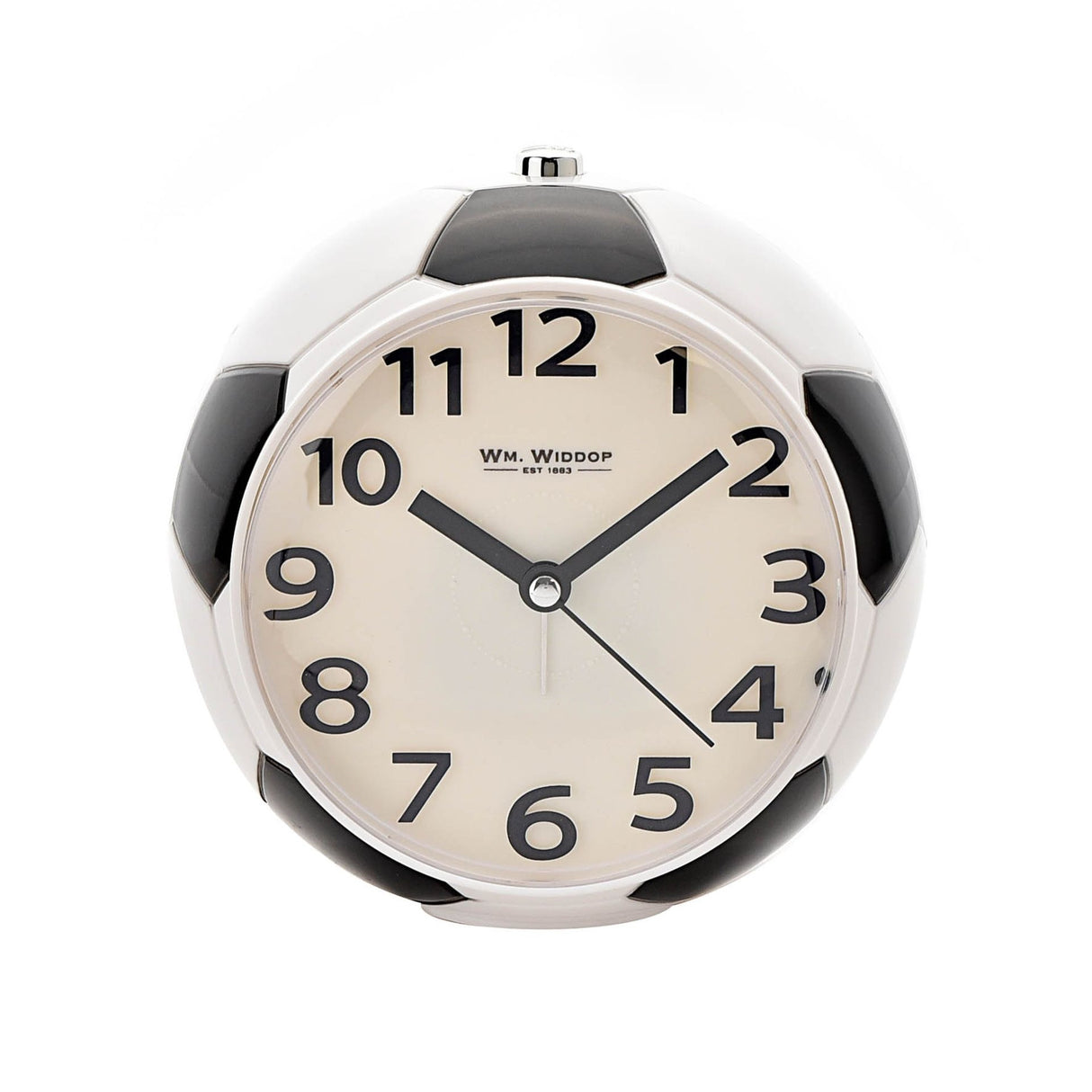 Round clock with black numbers and hands on a white background