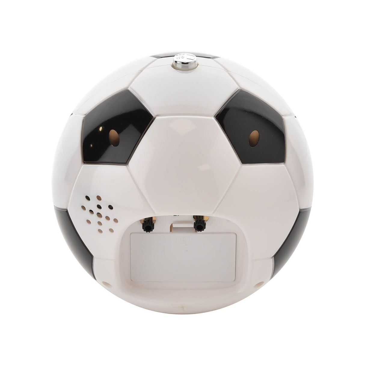 White and black soccer ball shaped alarm clock with touch lens features, displaying large brown eyes and speaker grille, front view on white background