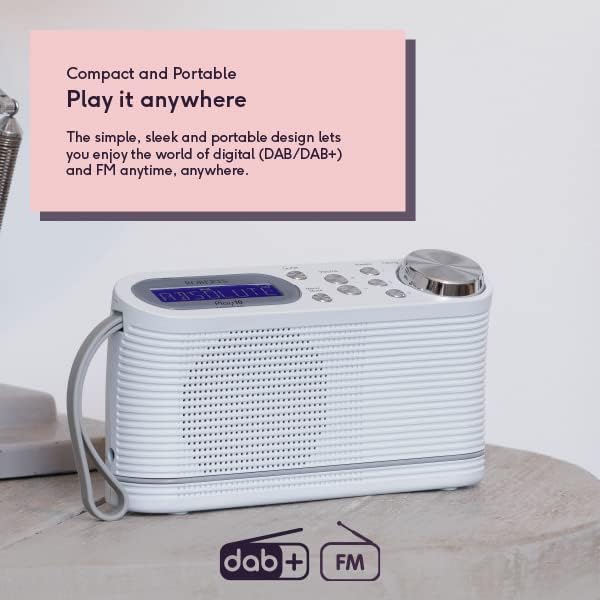 White compact Roberts DAB FM portable digital radio with blue display screen and chrome tuning dial, featuring carry handle and speaker grille, shown on surface with product information and DAB+ FM icons below