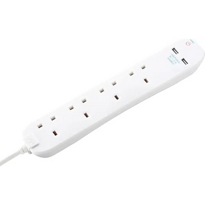 White Masterplug extension lead with 4 UK power sockets, 2 USB ports and 1 metre cable on white background