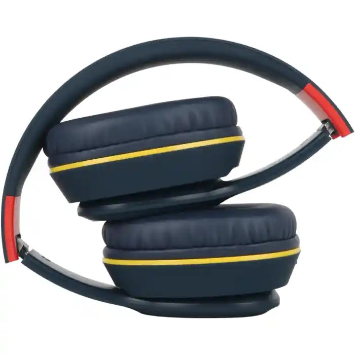 Red Bull Racing over-ear Bluetooth headphones in navy blue with yellow stripe accents and red ear cup details, shown in folded position