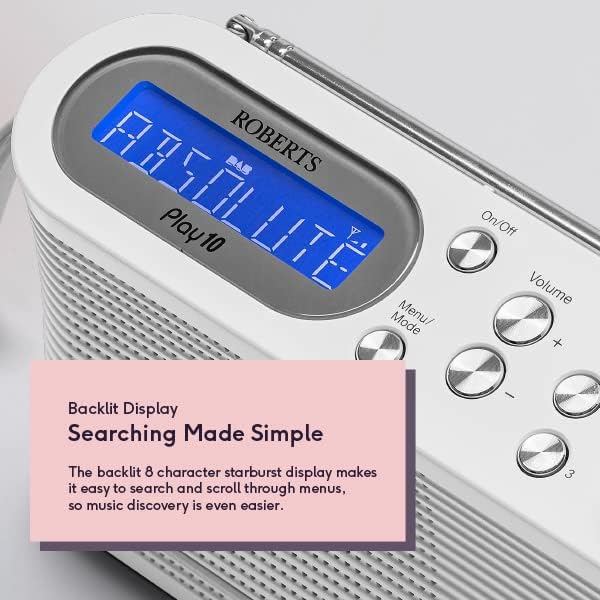 White Roberts PLAY10 portable DAB FM digital radio with blue backlit display showing frequency, metal control buttons on right side, and pink informational text box highlighting searchable backlit 8-character starburst display for easy music discovery