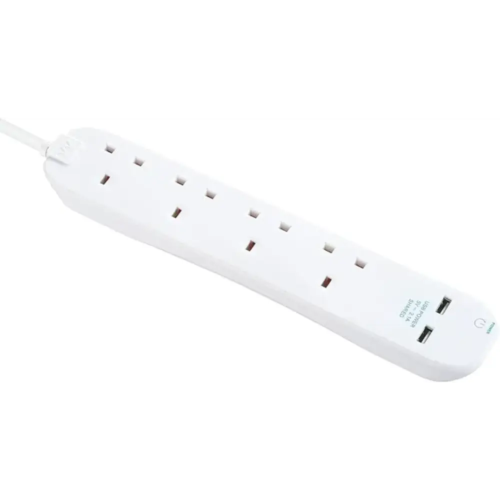 White Masterplug extension lead with 4 AC power sockets and 2 USB ports, 1 metre cord, angled view on white background