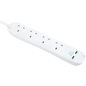 White Masterplug extension lead with 4 AC power sockets and 2 USB ports, 1 metre cord, angled view on white background