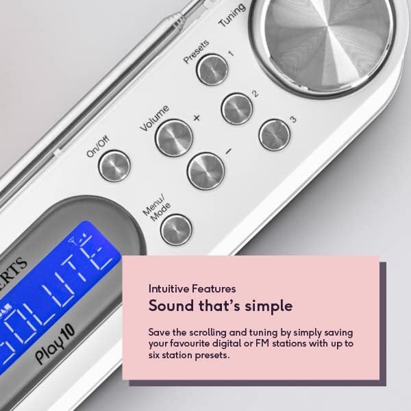 Roberts Play 10 white portable DAB FM digital radio showing control buttons, tuning dial with blue display, and preset station feature highlighted in pink text box