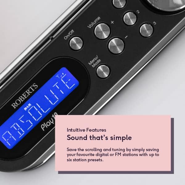 Roberts PLAY10BK DAB FM portable digital radio in black with chrome accents, featuring blue LCD display, volume and tuning knobs, and product information highlighting preset station storage capabilities