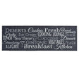 Dark grey kitchen runner mat with white scripted text featuring food and dining related words including Breakfast, Lunch, Dinner, Cookies, Ice Cream, Cupcake, Vegetables and Kitchen, measuring 50cm x 150cm
