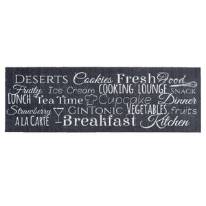 Dark grey kitchen runner mat with white scripted text featuring food and dining related words including Breakfast, Lunch, Dinner, Cookies, Ice Cream, Cupcake, Vegetables and Kitchen, measuring 50cm x 150cm
