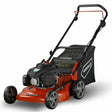 Red and black World 46cm push lawnmower with 166cc engine, 3-in-1 mulching capability, featuring black handles, grass collection bag, and grey alloy wheels on white background