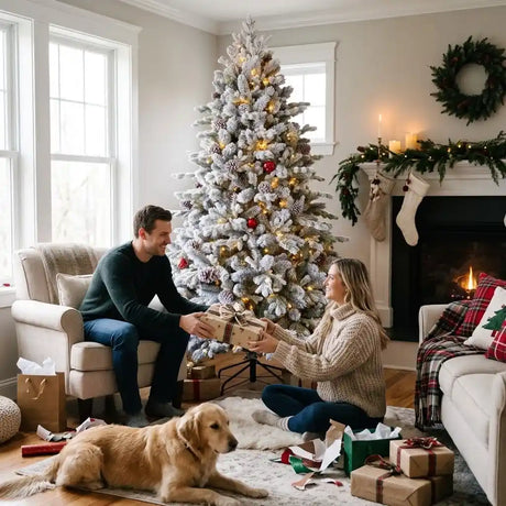 Couple exchanging wrapped gifts in front of a 9ft snow-frosted Dorchester pine Christmas tree decorated with gold and red ornaments, beside a fireplace with stockings, wreath and garland, golden retriever resting on floor surrounded by presents
