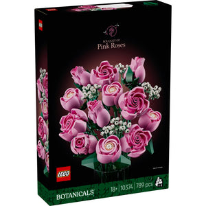 LEGO Botanicals Bouquet of Pink Roses set 10374 featuring 789 pieces with detailed pink and magenta roses, white baby's breath flowers, and green stems on black packaging box for ages 18 plus