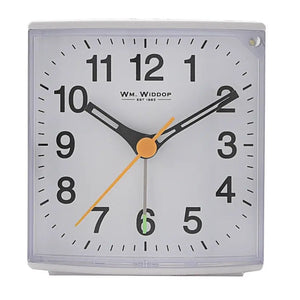Wm. Widdop white square alarm clock with black numerals, black hour and minute hands, orange second hand, and sweep movement mechanism