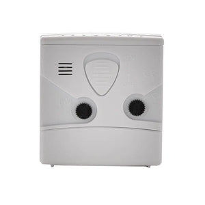 White plastic twin bell alarm clock with sweep movement, featuring speaker grille, power button and wireless indicator symbol on front face
