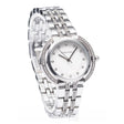 Silver stainless steel diamond bezel watch with white dial, diamond hour markers, three-link bracelet with diamond accents, and silver hands by Newgrange Living