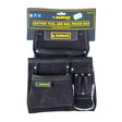 Dargan black oil tanned leather tool and nail pouch bag with multiple pockets and white stitching detail, displayed flat against white background showing front organization compartments and branded label