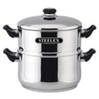 Steelex 2 tier stainless steel steamer pot 20cm with black handles and lid featuring chrome finish and brand logo