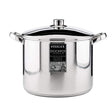 Steelex stainless steel stockpot with glass lid, 24cm diameter, featuring dual handles and black product label