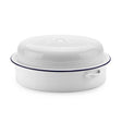 Falcon oval enamel roaster 30cm in white with dark blue rim and matching lid, featuring side handles and classic enamelware design