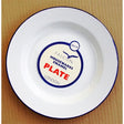 White and navy blue enamel pie plate by Falcon, 26cm diameter, featuring Housewares Enamel branding and London text on the base, displayed on a wooden surface