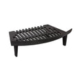 Black cast iron fire grate with curved design and parallel bars, featuring four short legs, 18 inch width, for fireplace use