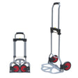 Compact and extended views of ProPlus Folding Sack Hand Truck with gray aluminum frame, red wheels, black grip handles and footplate, shown in collapsed and fully extended positions