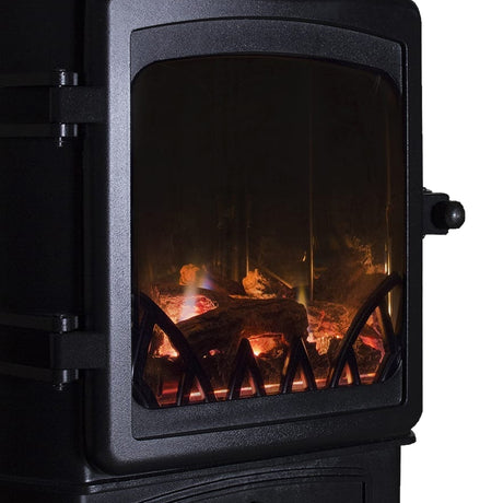 Black Sahara Provence 3kW portable gas heater with curved glass front displaying realistic flame effect and glowing logs, featuring dark metal casing and side control knob