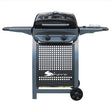 Sahara X150 black two burner gas BBQ grill with stainless steel cooking surface, side shelves, perforated metal cart base and single wheel viewed from front