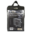 Black Gartect gas barbecue cover in protective packaging showing product details, specifications and dimensions for large grills, featuring UV protection and water-repellent polyester material